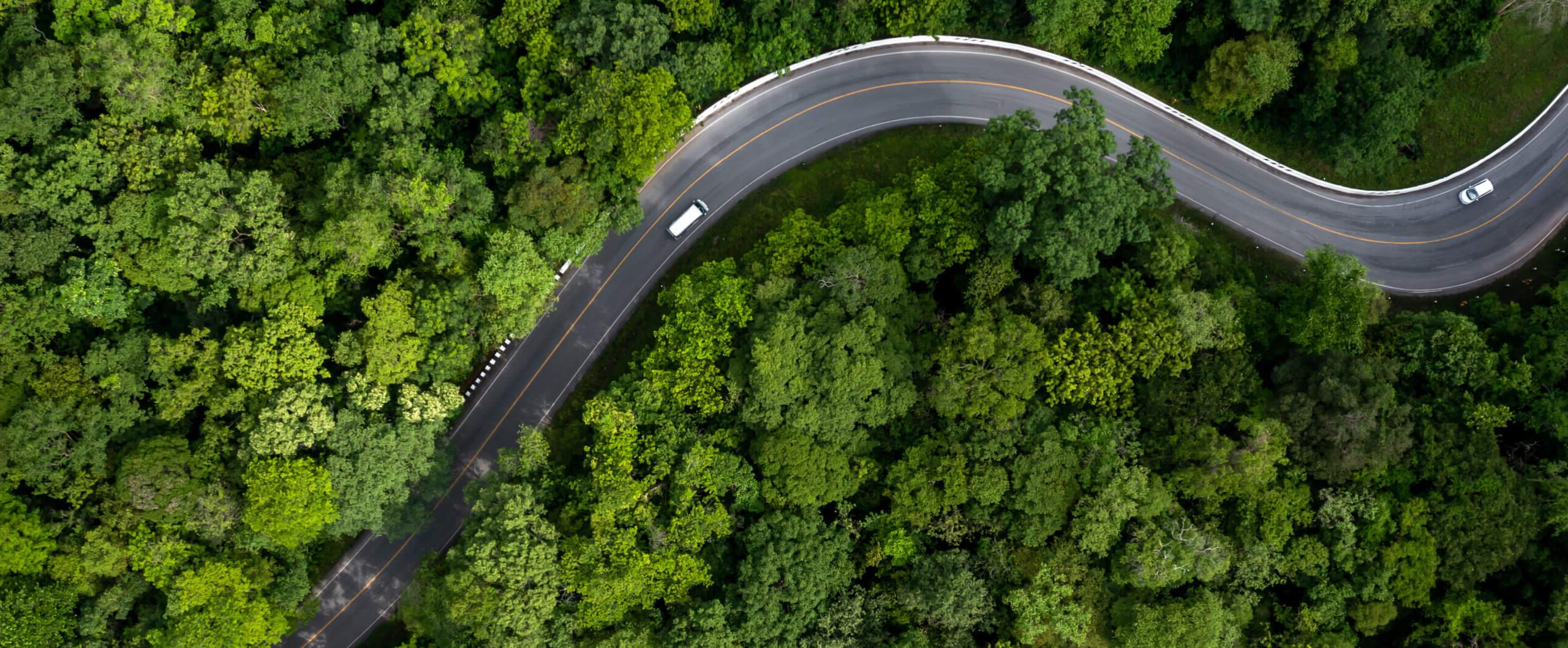 鸟瞰图，汽车行驶在弯曲的道路上，穿过周围的绿色森林
